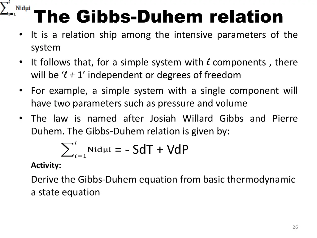 the gibbs duhem relation it is a relation ship