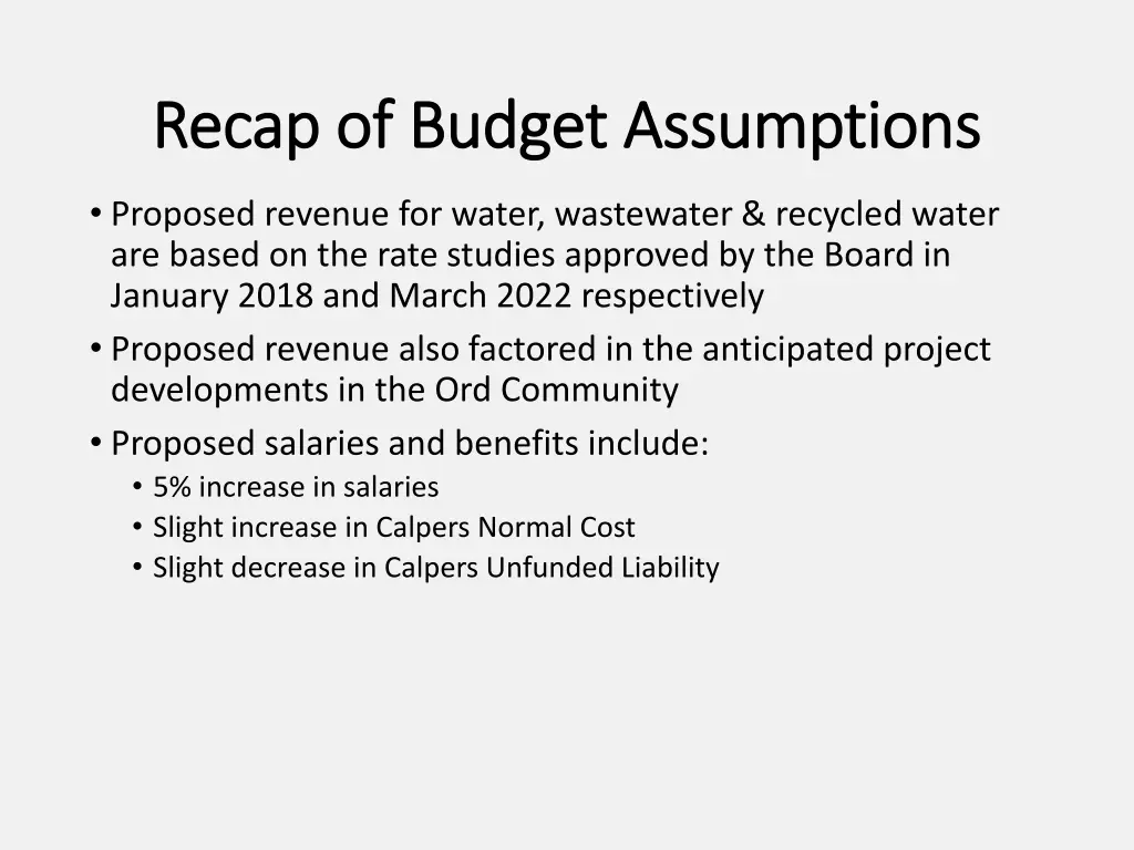 recap of budget assumptions recap of budget