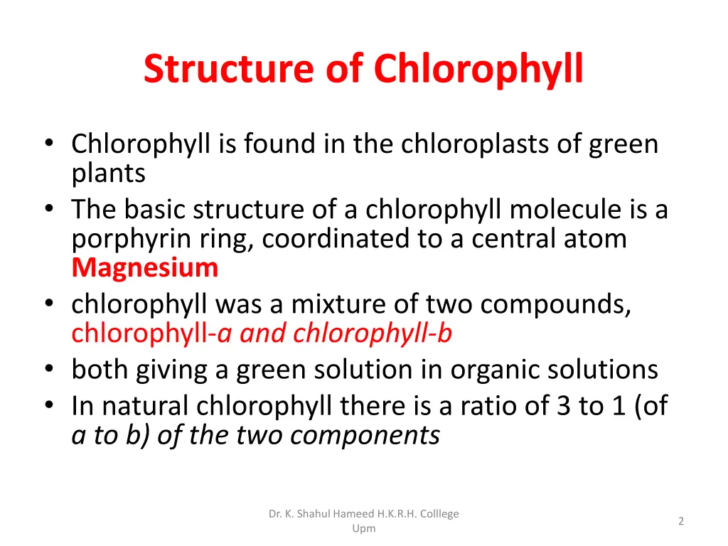 structure of chlorophyll
