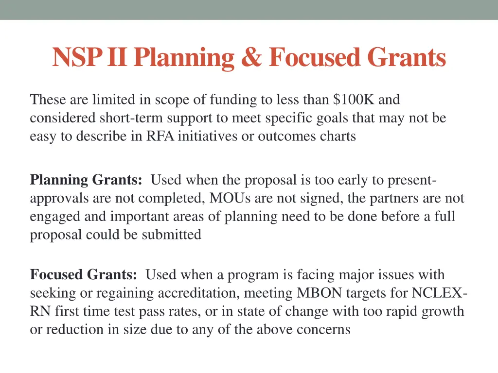 nsp ii planning focused grants