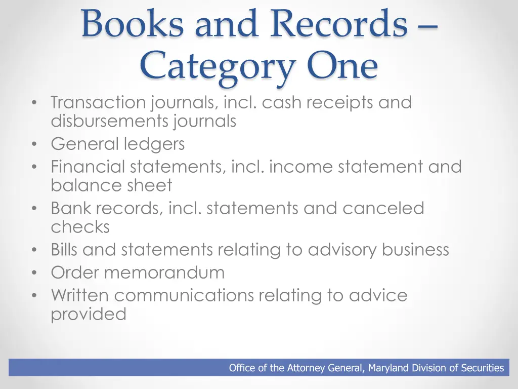 books and records category one transaction