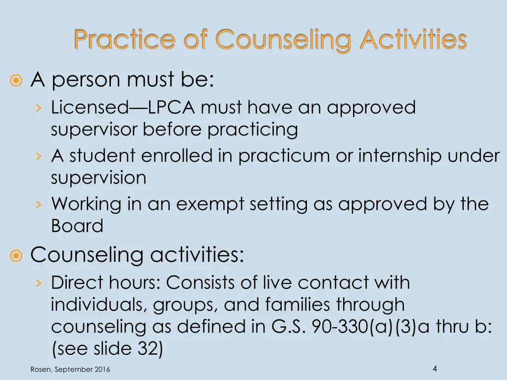 practice of counseling activities