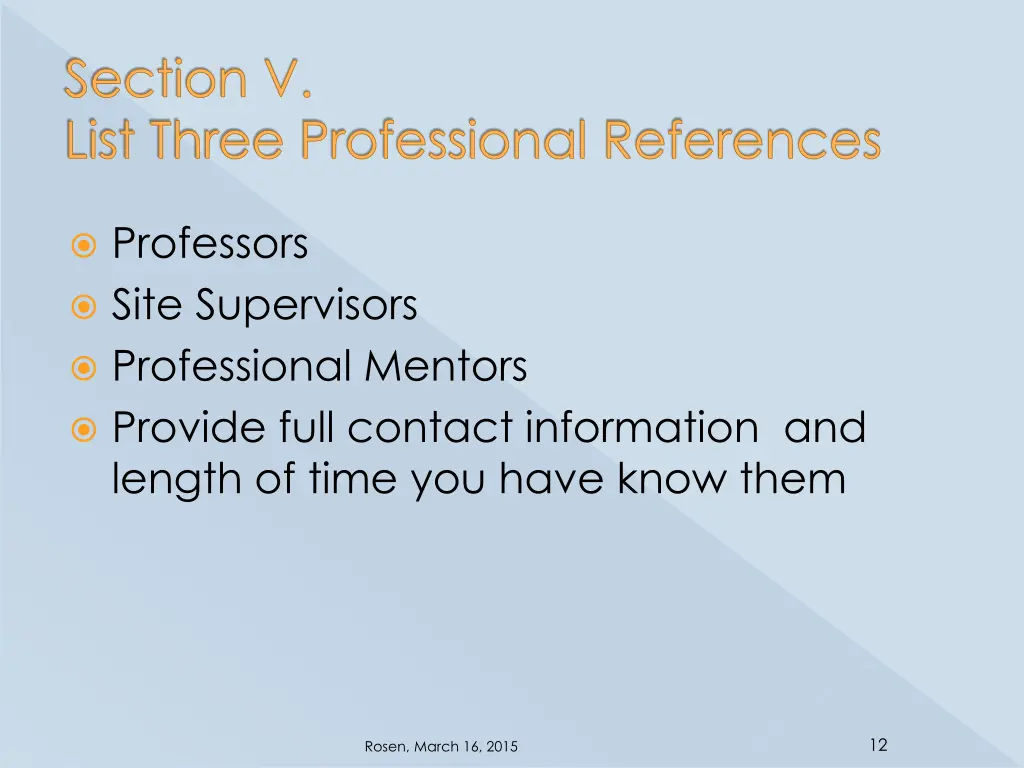 section v list three professional references