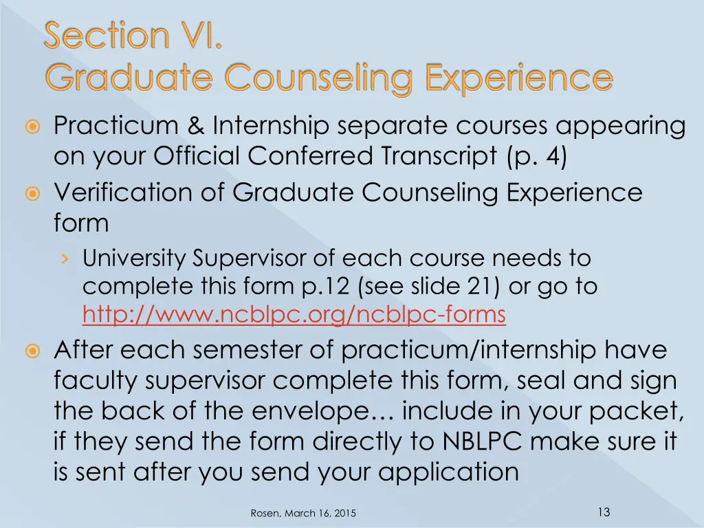 section vi graduate counseling experience