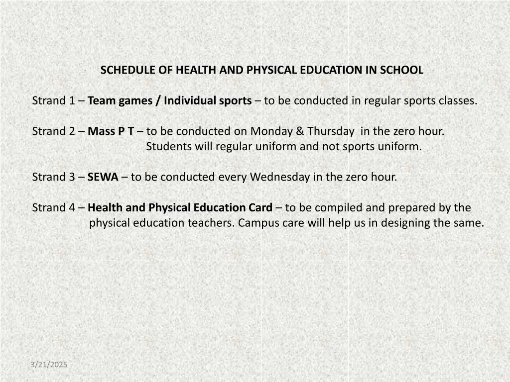 schedule of health and physical education