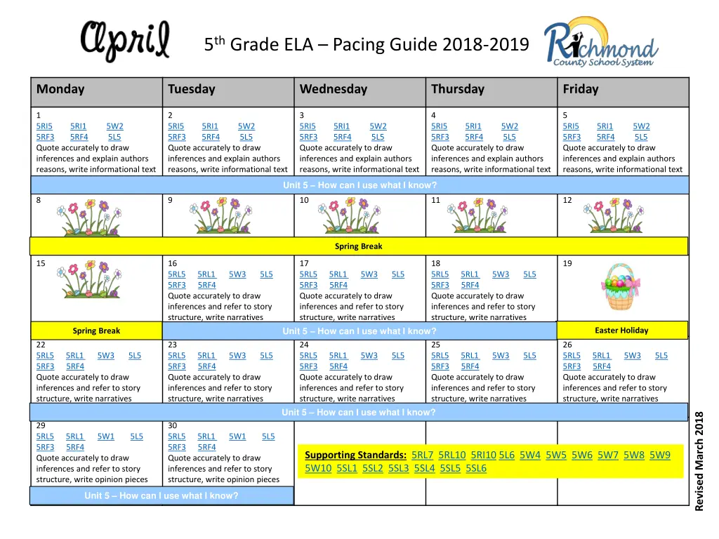 5 th grade ela pacing guide 2018 2019 8