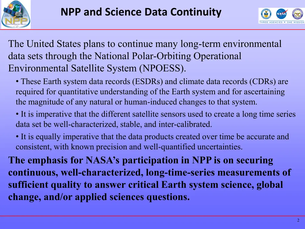 npp and science data continuity