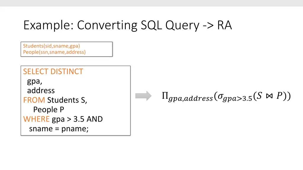 example converting sql query ra