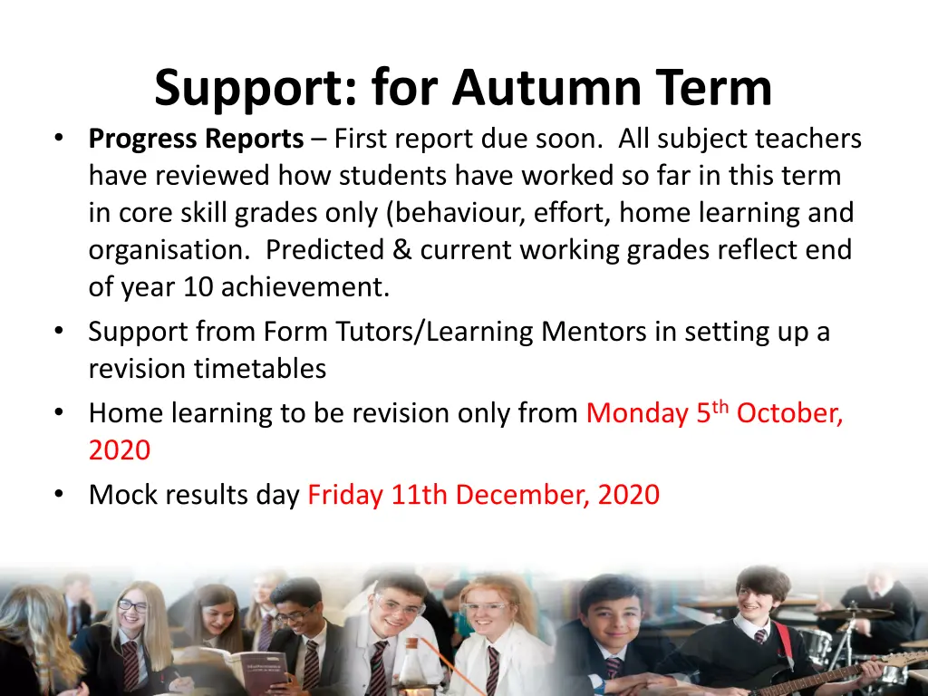 support for autumn term progress reports first