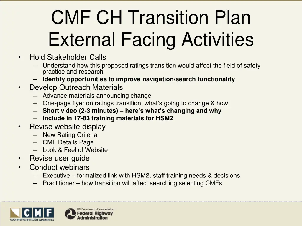 cmf ch transition plan external facing activities