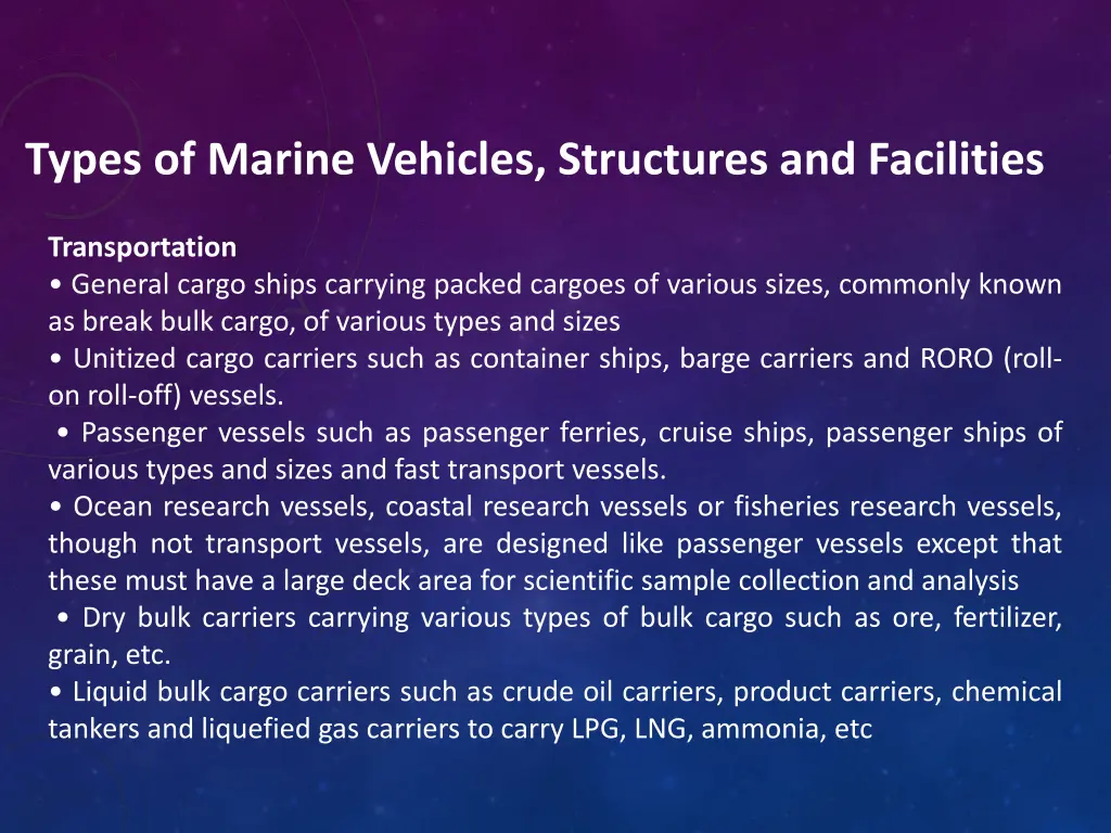 types of marine vehicles structures and facilities
