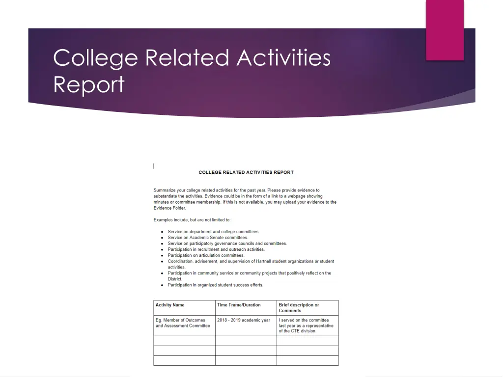 college related activities report