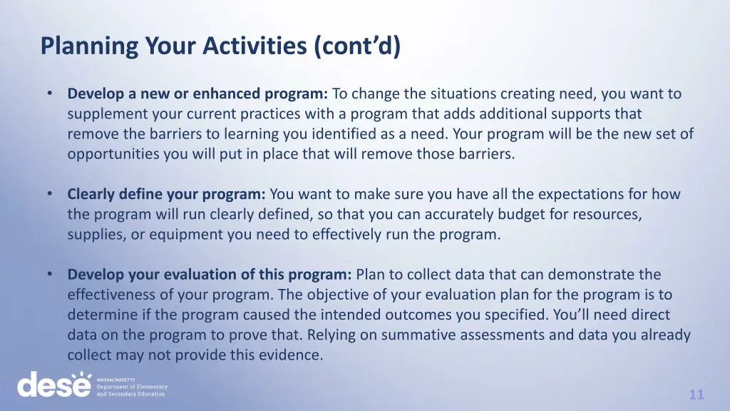 planning your activities cont d