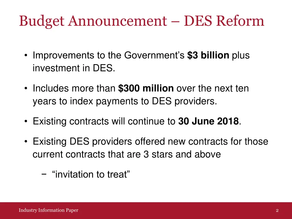budget announcement des reform