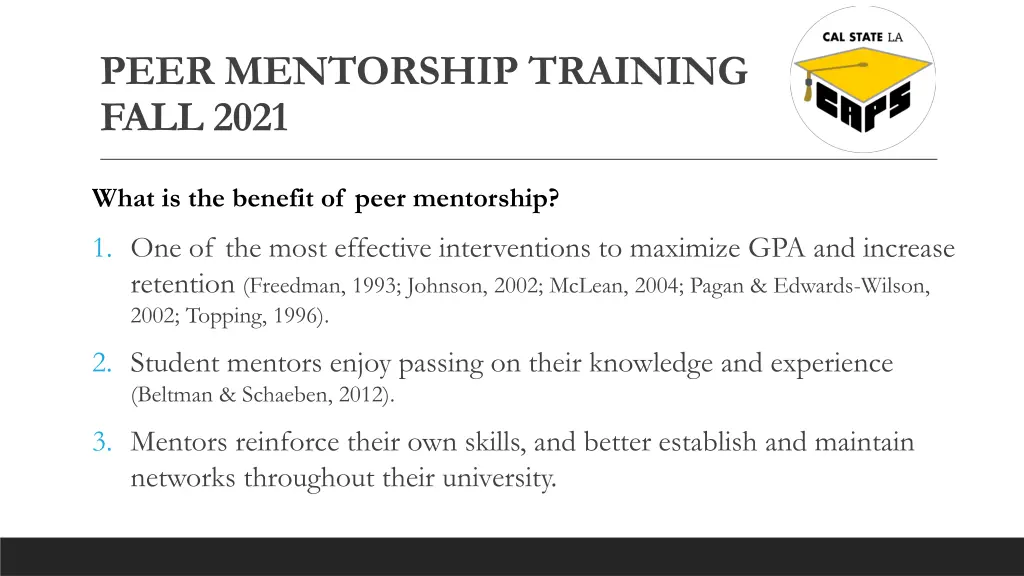 peer mentorship training fall 2021