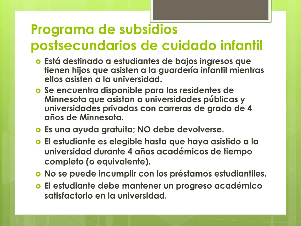 programa de subsidios postsecundarios de cuidado
