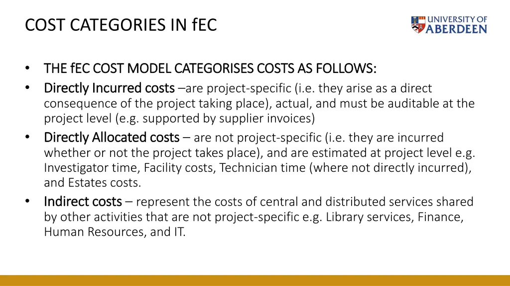 cost categories in fec