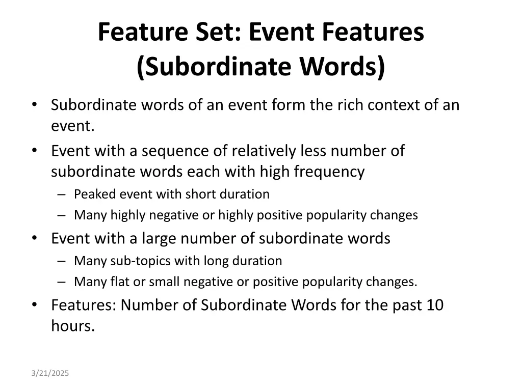 feature set event features subordinate words
