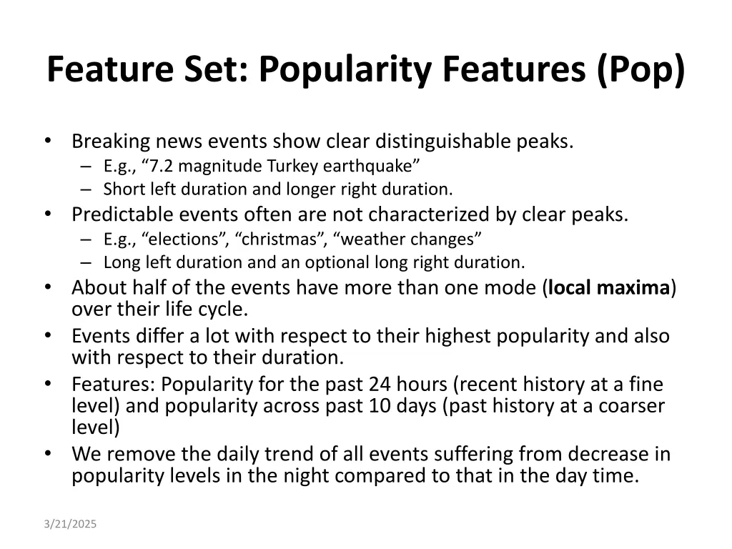 feature set popularity features pop