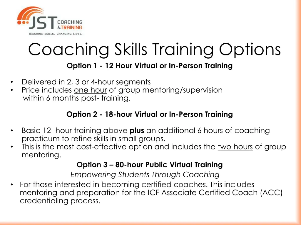 coaching skills training options option 1 12 hour
