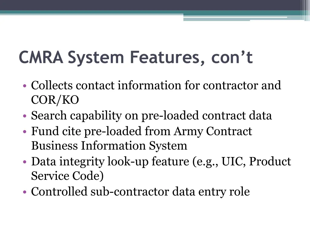 cmra system features con t