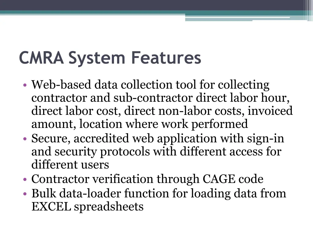 cmra system features