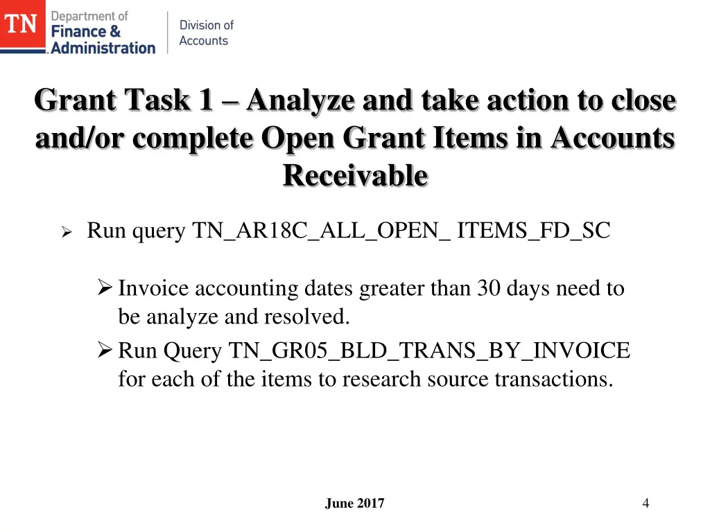 grant task 1 analyze and take action to close
