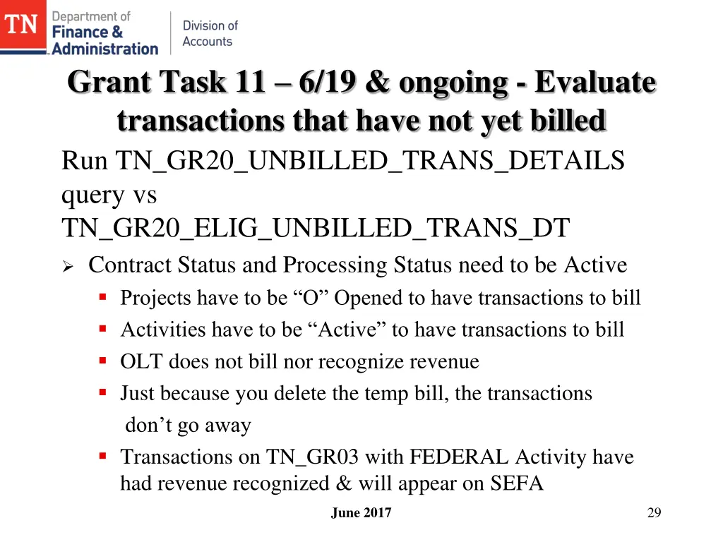 grant task 11 6 19 ongoing evaluate transactions