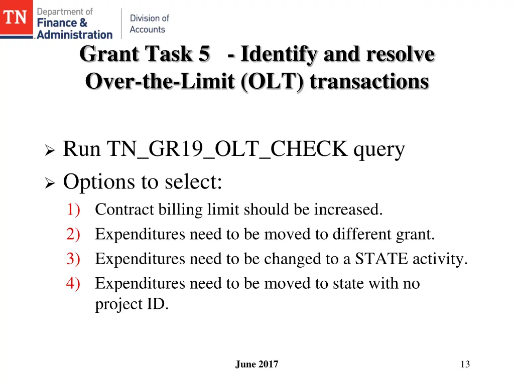 grant task 5 identify and resolve over the limit