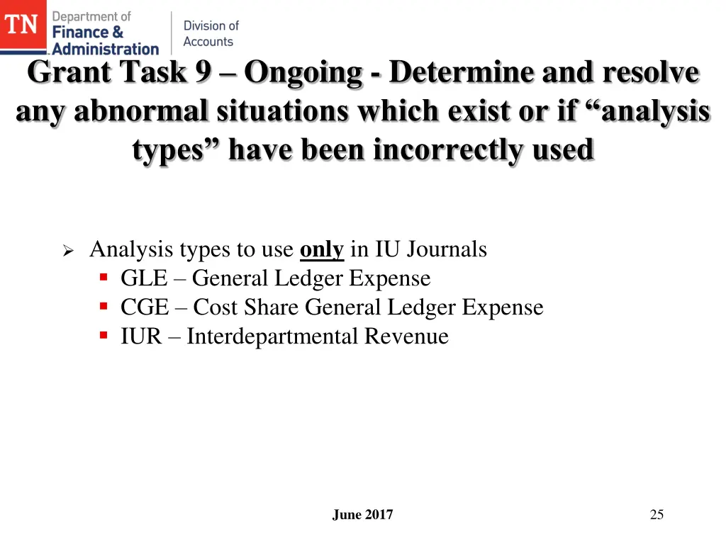 grant task 9 ongoing determine and resolve 2