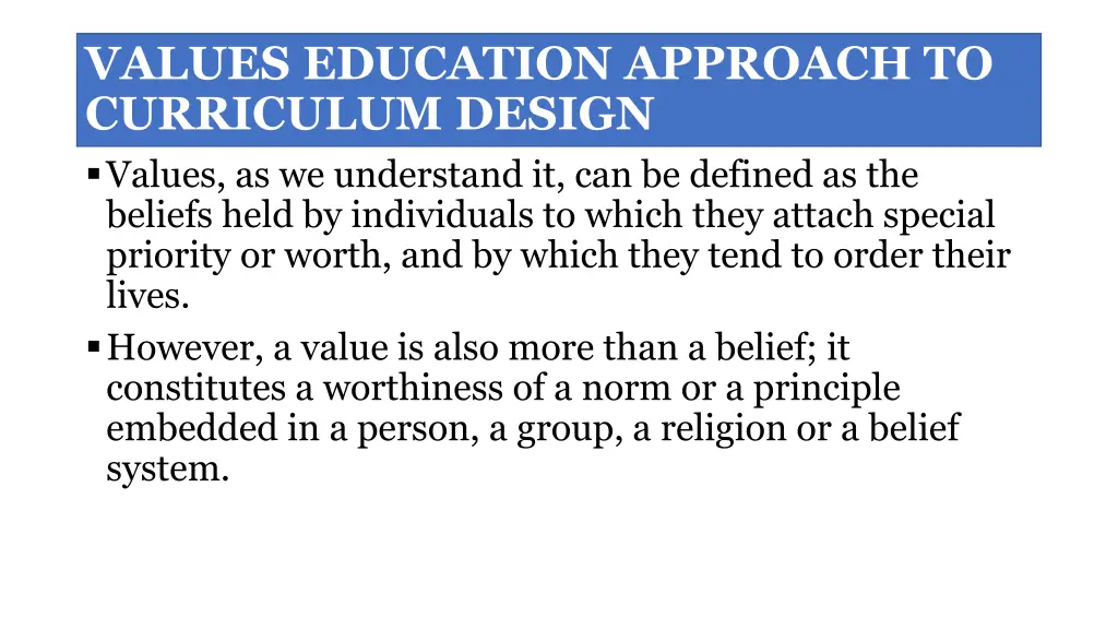 values education approach to curriculum design