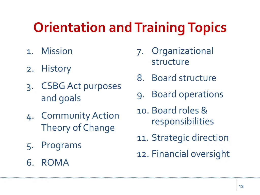 orientation and training topics