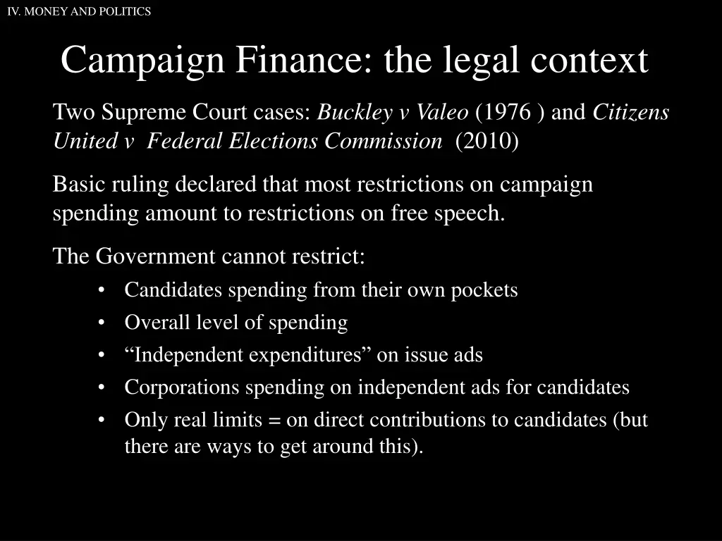 iv money and politics campaign finance the legal 1