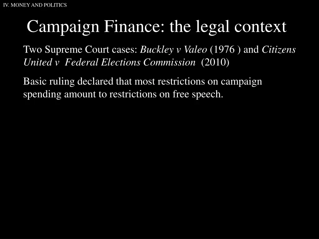 iv money and politics campaign finance the legal