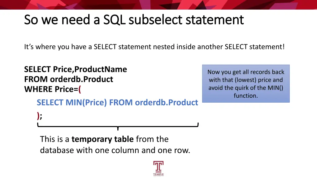 so we need a sql so we need a sql subselect