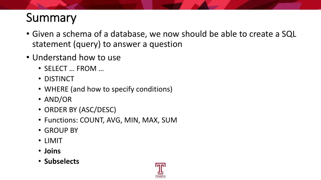 summary summary given a schema of a database