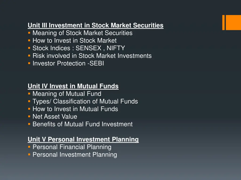 unit iii investment in stock market securities