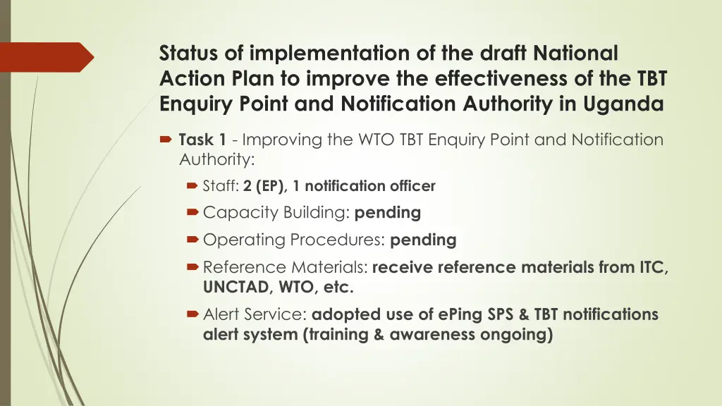 status of implementation of the draft national