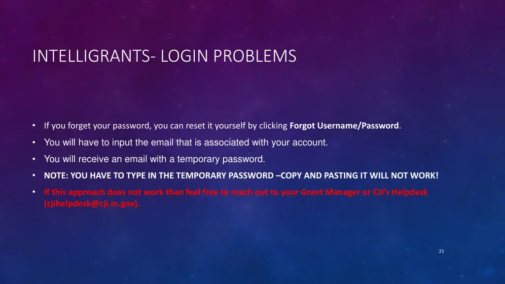 intelligrants login problems