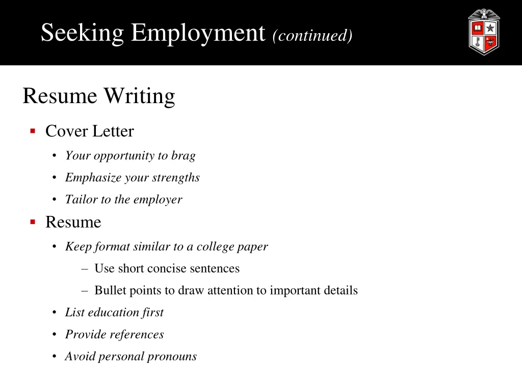 seeking employment continued