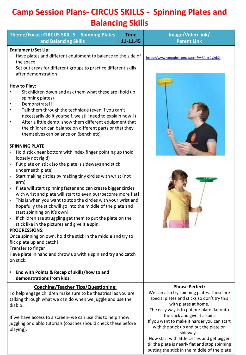 camp session plans circus skills spinning plates