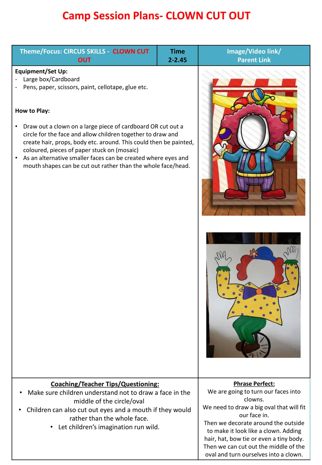 camp session plans clown cut out