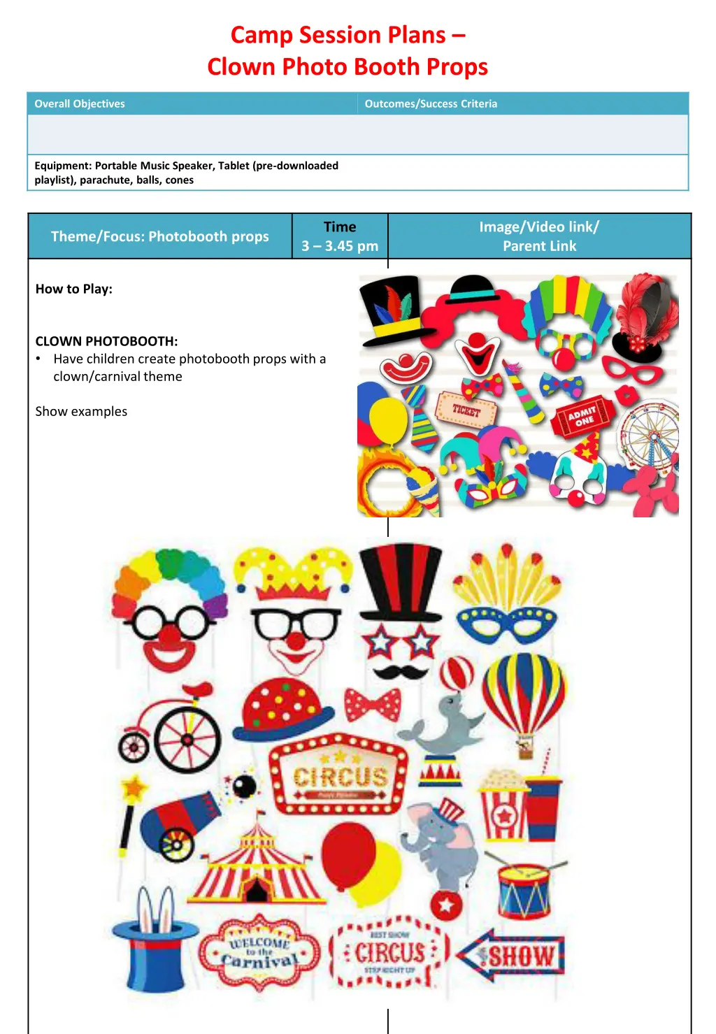 camp session plans clown photo booth props