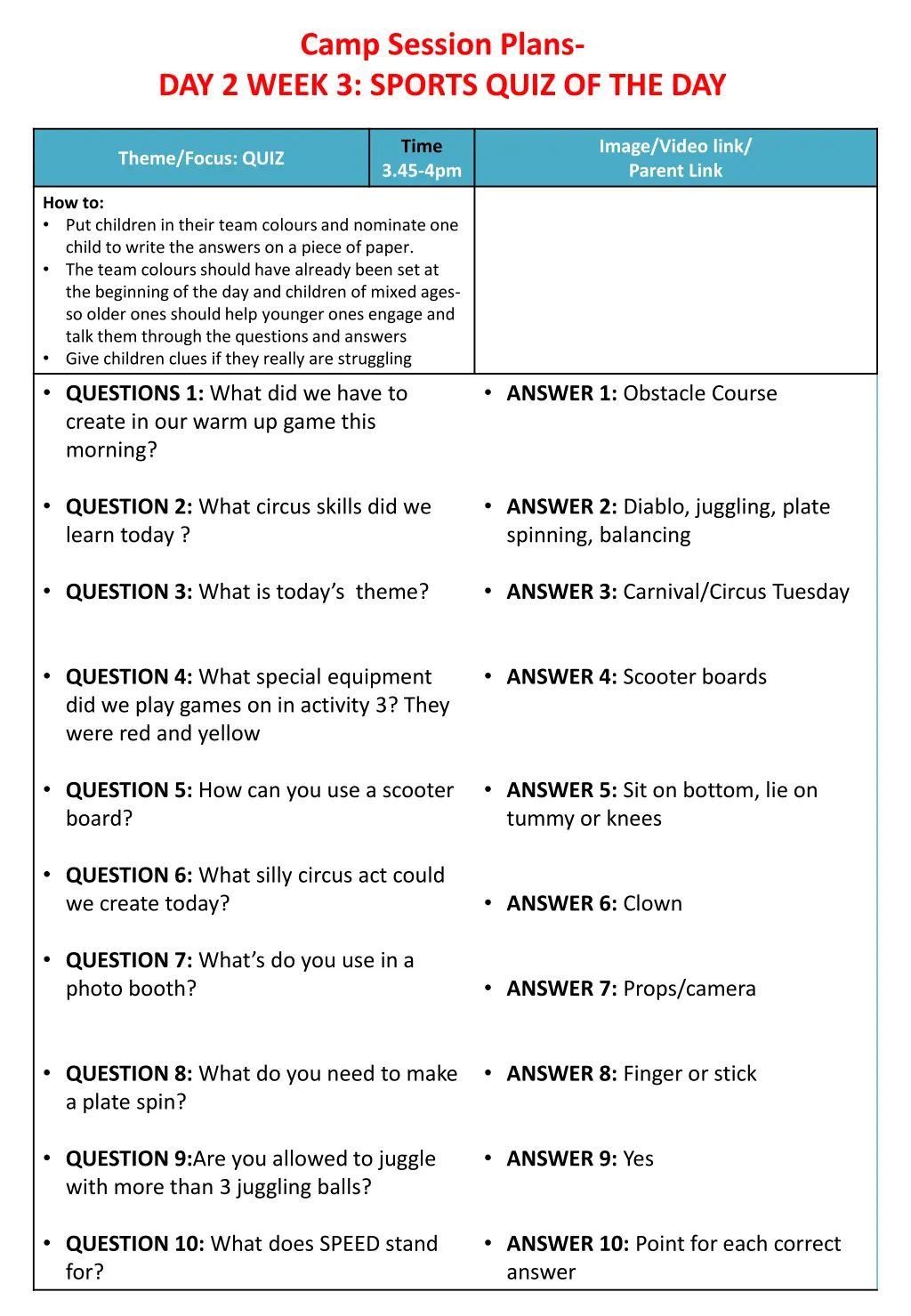 camp session plans day 2 week 3 sports quiz