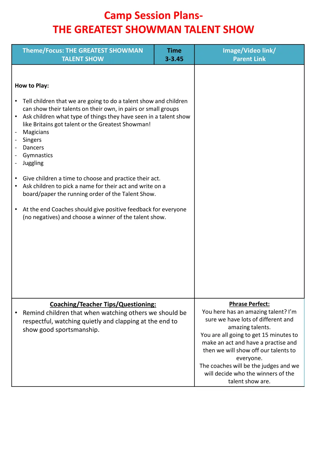 camp session plans