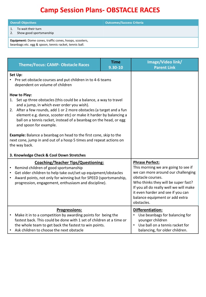 camp session plans obstacle races