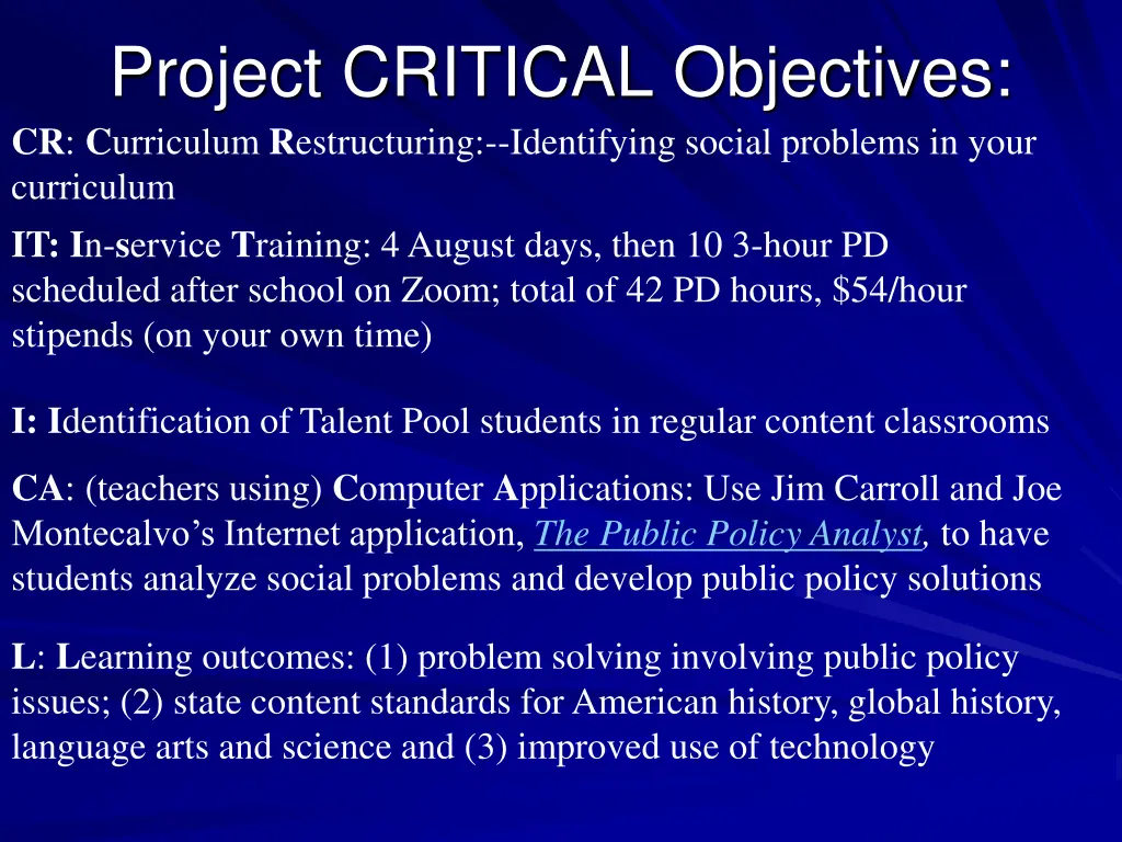 project critical objectives cr c urriculum