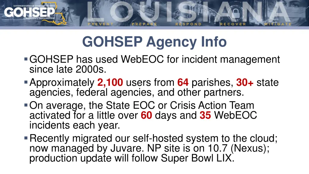 gohsep agency info gohsep has used webeoc