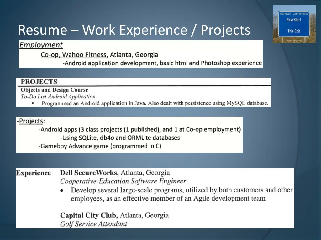 resume work experience projects