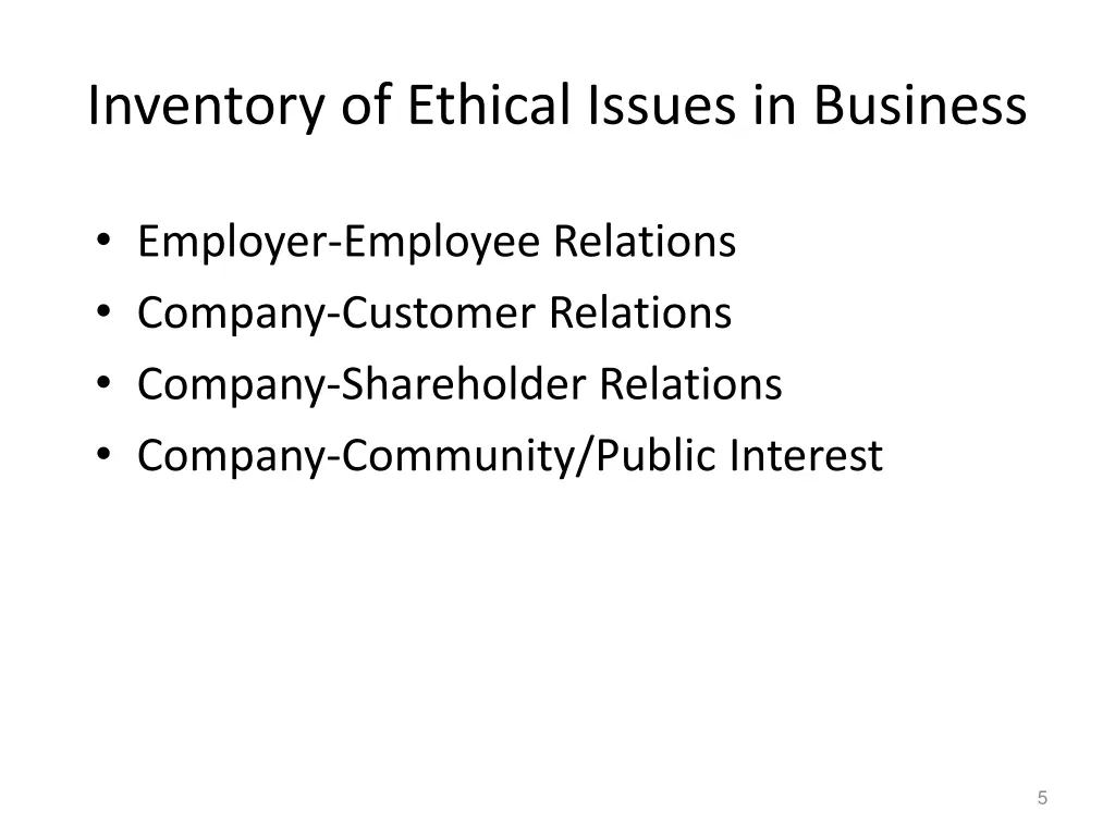 inventory of ethical issues in business